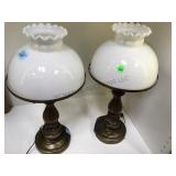 PAIR OF BRASS/WOOD & MILK GLASS HURRICANE LAMPS