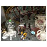 SHELF LOT OF ART GLASS ELEPHANTS, SNOWGLOBE & MORE