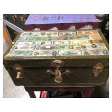 VINTAGE TRUNK INLAID WITH FOREIGN BILLS