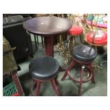 ROUND WOOD BAR TABLE  & 2 BAR STOOLS