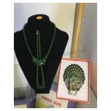 2 SPINACH JADE NECKLACES & A MANIYA PEACOCK MIRROR 2 SPINACH JADE NECKLACES & A MANIYA PEACOCK MIRROR
