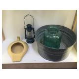 VINTAGE CERAMIC BEDPAN, GALVANIZED TUB, LANTERN VINTAGE CERAMIC BEDPAN, GALVANIZED TUB, LANTERN