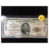 1929 $5 NATIONAL CURRENCY NOTE FROM PLYMOUTH 1929 $5 NATIONAL CURRENCY NOTE FROM PLYMOUTH