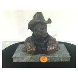 BRONZE COWBOY BUST ON MARBLE, SIGNED GARMIN BRONZE COWBOY BUST ON MARBLE, SIGNED GARMIN