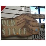 CARVED WOODEN PAINTED 'OLD STUFF' FINGER SIGN CARVED WOODEN PAINTED 'OLD STUFF' FINGER SIGN