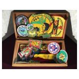 WOOD BOX WITH BOY SCOUT PATCHES & MORE WOOD BOX WITH BOY SCOUT PATCHES & MORE