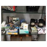 SHELF LOT , INCLUDING VIVITAR BINOCULARS, MUGS, SHELF LOT , INCLUDING VIVITAR BINOCULARS, MUGS,