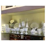 SHELF LOT OF WHITE DINNERWARE, SOME HOBNAIL
