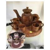 WOODEN SWIVEL TRAY W/ WOOD TEA-POT & CUPS