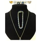 14K NECKLACE, BRACELET & EARRINGS W/ BLUE GEMSTONE