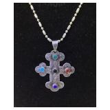 VINTAGE STERLING CROSS & CHAIN W/TURQUOISE/CORAL