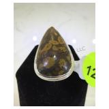 STERLING TEAR DROP BAMBOO JASPER RING, SIZE 6