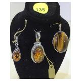 NECK W/ 3 PENDANTS, 2-AMBER , 1-TIGERS EYE