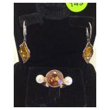 STERLING /AMBER EARRINGS & PEARL/AMBER RING