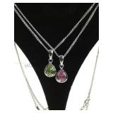 2 STERLING CHAINS W/ PINK & GREEN GEMSTONES