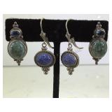 2 PAIRS OF STERLING  EARRINGS W/GREEN & BLUE GEMS