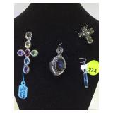 NECK WITH 4 STERLING PENDANTS,  W/ VARIOUS GEMS