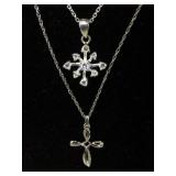 NECK W 2 STERLING CHAINS W/ CLEAR GEMSTONES