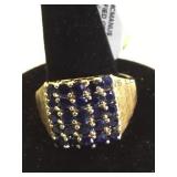 14K GOLD RING WITH DARK BLUE GEMSTONES, SIZE 10