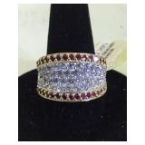 14K GOLD RING W/RED & CLEAR GEMSTONES, SIZE 6