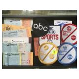 TRAY OF RADIO PATCHES & DISNEYLAND TICKETS