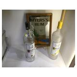 FRAMED MYERS RUM AD & 2 LARGE LIQUOR BOTTLES