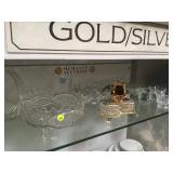 2 SHELVES OF CRYSTAL BOWLS & CHINA DINNERWARE