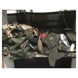 SHELF LOT OF MILITARY UNIFORMS & MORE