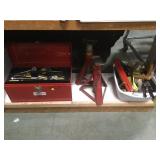 TOOL BOX WITH TOOLS, 2 JACK STANDS & MORE