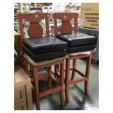 PAIR OF WOODEN BAR STOOLS & 4 HASSOCKS