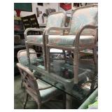 GLASS TOP DINING TABLE SW PATTERN, BAMBOO CHAIRS
