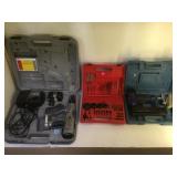 SHELF LOT OF TOOLS, SENCO NAIL GUN, STAPLER & MORE