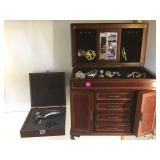 JEWELRY BOX W/FASHION JEWELRY & WINE OPENER