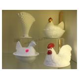 GROUP OF NESTING HEN CANDY DISHES & HOBNAIL VASE