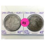 1907-S &1908-S ONE PESO PHILIPPINE COINS