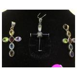 3 SILVER & MULTI-COLORED GEMSTONE CROSSES