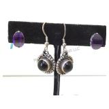 2 PAIR OF STERLING EARRINGS, 1-ONYX, 1-PURPLE GEM