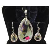 STERLING EARRINGS & PENDANT W/CLEAR/AMBER GEMS