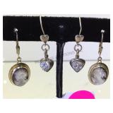 2 PAIR OF STERLING EARRINGS, 1-CAMEO,1-CLEAR GEMS