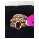 STERLING RING W/CLEAR & RED GEMSTONES, SIZE5