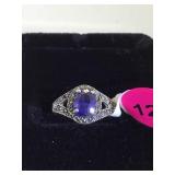 STERLING MARCASITE RING W/BLUE GEMSTONE. SIZE 8