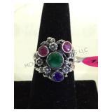 STERLING  RING W/EMERALD /SAPPHIRE & RUBY. SIZE 7