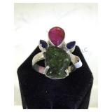 STERLING RING W/NATURAL RUBY& SAPPHIRE, SIZE 9
