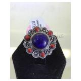 STERLING RING W/LAPIS& RED CORAL, SIZE 8