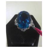 STERLING ART DECO RING, 8CT BLUE TOPAZ, SIZE 6