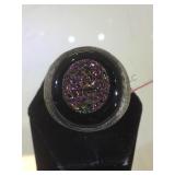 VINTAGE STERLING/RAINBOW DRUZY W/ONYX, SIZE 9