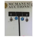2 PAIRS OF STERLING EARRINGS W/BLUE & RED GEMSTONS