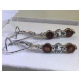 STERLING EARRINGS W/GARNET & AQUAMARINE  STONES
