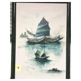 FRAMED P. WANG OIL PAINTING OF SHIPS 28x40