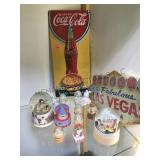 COLLECTION OF SNOWGLOBES & TIN SIGNS